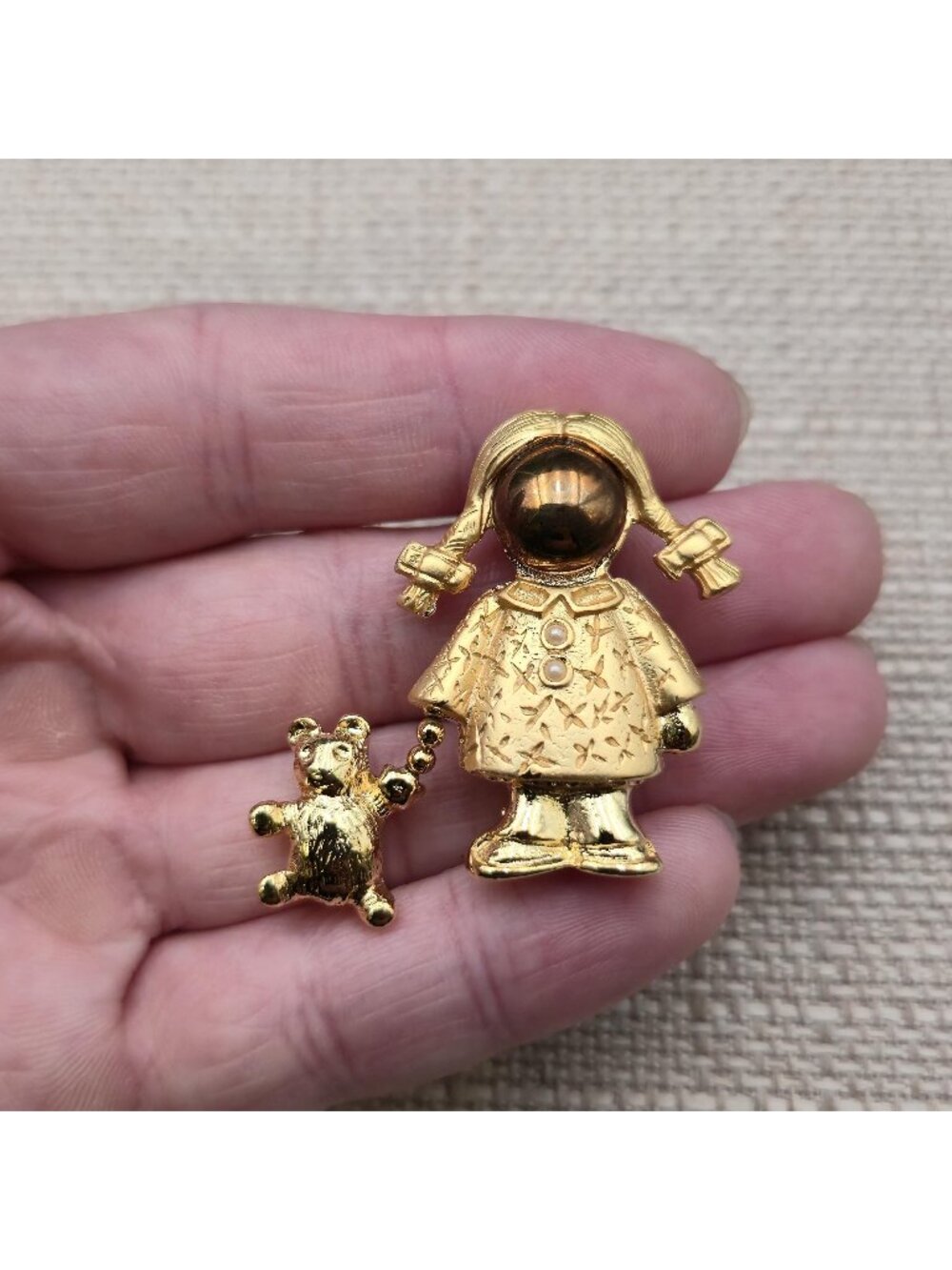 Vintage Carolee Faux Pearl Face Girl Holding Teddy Bear Brooch Pin A8771